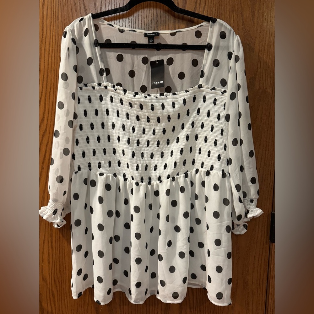 Torrid White and Black Smocked Ruffled Blouse